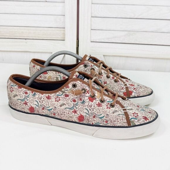 Sperry Mermaids Seashells Canvas Lace Up Sneakers Cream Multi Womens 12 - Picture 1 of 11